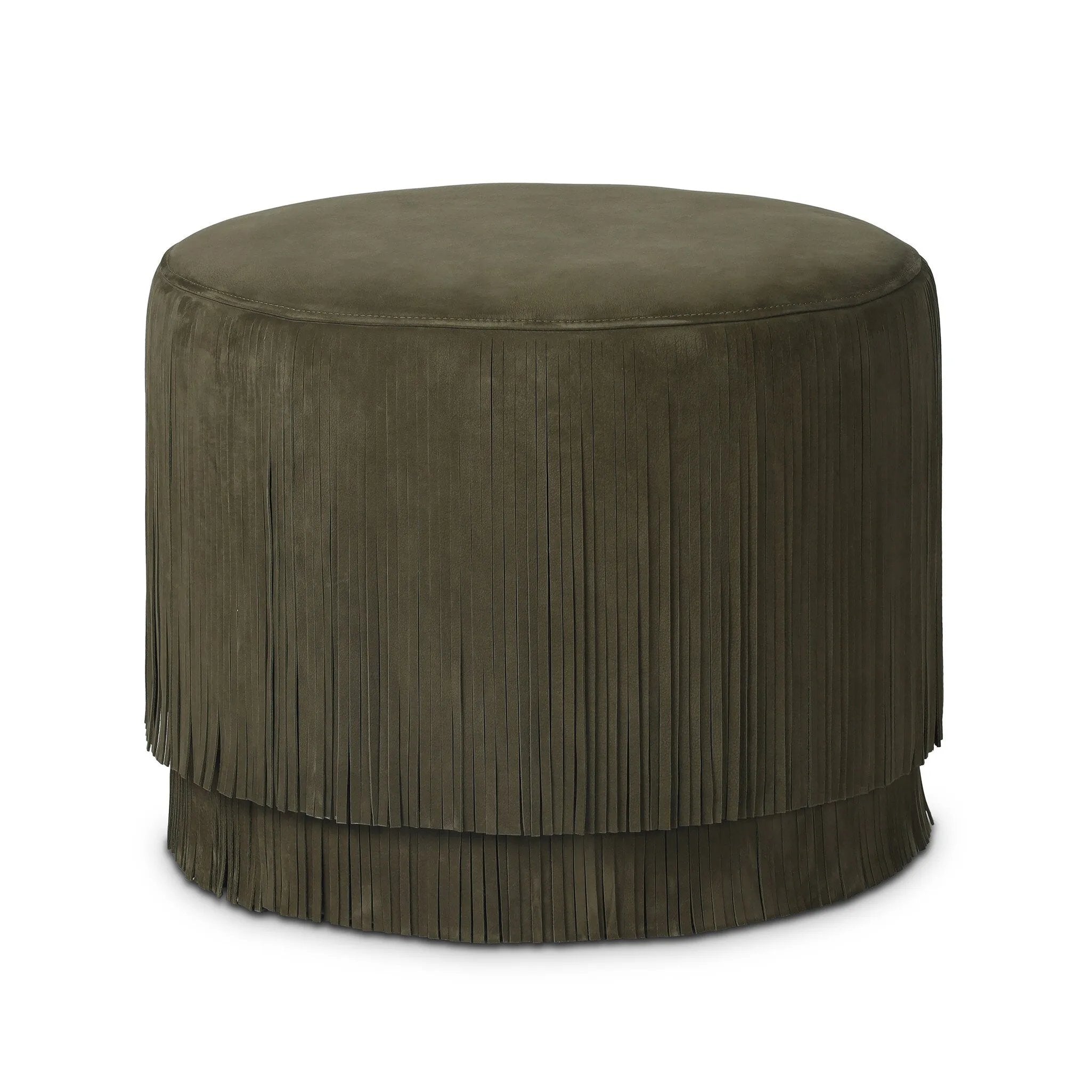 Fringe benefits. Nubuck leather fringe brings both movement and a hint of playfulness to this perfectly sized ottoman.As enthusiasts of modern style at Amethyst, we love the optimistic inspired Rooney Ottoman - Nubuck Olive. This item pairs well with other brands such as Verellen and is perfect for loft homes Amethyst Home provides interior design, new home construction design consulting, vintage area rugs, and lighting in the Houston metro area.