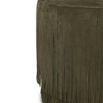 Fringe benefits. Nubuck leather fringe brings both movement and a hint of playfulness to this perfectly sized ottoman.As enthusiasts of modern style at Amethyst, we love the optimistic inspired Rooney Ottoman - Nubuck Olive. This item pairs well with other brands such as Verellen and is perfect for loft homes Amethyst Home provides interior design, new home construction design consulting, vintage area rugs, and lighting in the Scottsdale metro area.