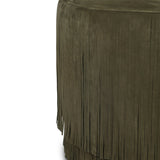 Fringe benefits. Nubuck leather fringe brings both movement and a hint of playfulness to this perfectly sized ottoman.As enthusiasts of modern style at Amethyst, we love the optimistic inspired Rooney Ottoman - Nubuck Olive. This item pairs well with other brands such as Verellen and is perfect for loft homes Amethyst Home provides interior design, new home construction design consulting, vintage area rugs, and lighting in the Scottsdale metro area.