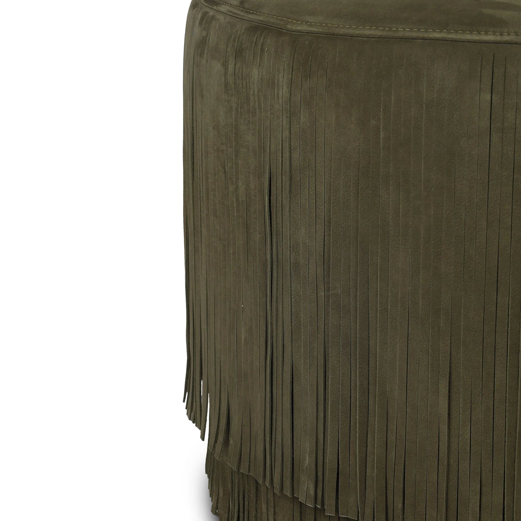 Fringe benefits. Nubuck leather fringe brings both movement and a hint of playfulness to this perfectly sized ottoman.As enthusiasts of modern style at Amethyst, we love the optimistic inspired Rooney Ottoman - Nubuck Olive. This item pairs well with other brands such as Verellen and is perfect for loft homes Amethyst Home provides interior design, new home construction design consulting, vintage area rugs, and lighting in the Scottsdale metro area.