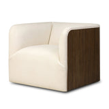 Designed with a shelter-style silhouette, this swivel chair wraps around for a seamless sit. The showstopping wood fluting adds textural contrast and organic appeal to the 360-degree swivel.As fans of clean aesthetics at Amethyst, we love the nature inspired Rory Swivel Chair - Laughlin Bone. Amethyst Home provides interior design, new home construction design consulting, vintage area rugs, and lighting in the Tampa metro area.