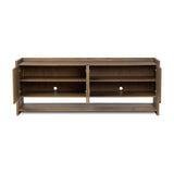 Resawn warm oak gives this sideboard's simple paneled design its standout striations. The paneled frame has a gallery top, and the bottom shelf provides open storage Amethyst Home provides interior design, new home construction design consulting, vintage area rugs, and lighting in the Tampa metro area.