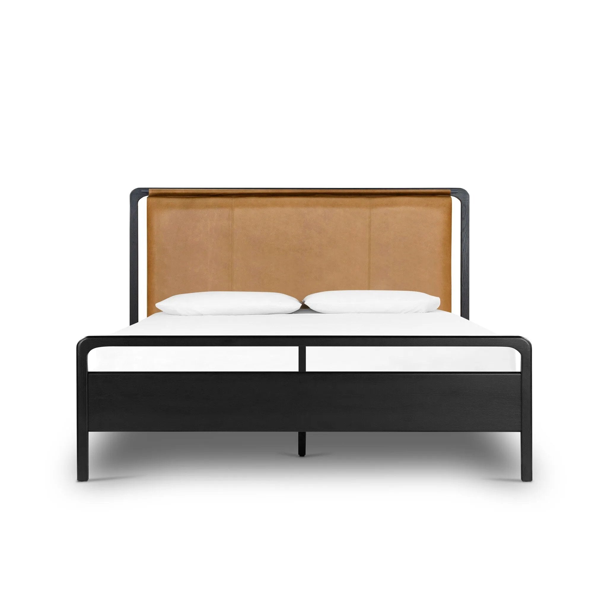 Ebony-finished oak frames a sling-style headboard made from top-grain leather, with subtly rounded edges and metal dowel detailing Amethyst Home provides interior design, new home construction design consulting, vintage area rugs, and lighting in the Charlotte metro area.