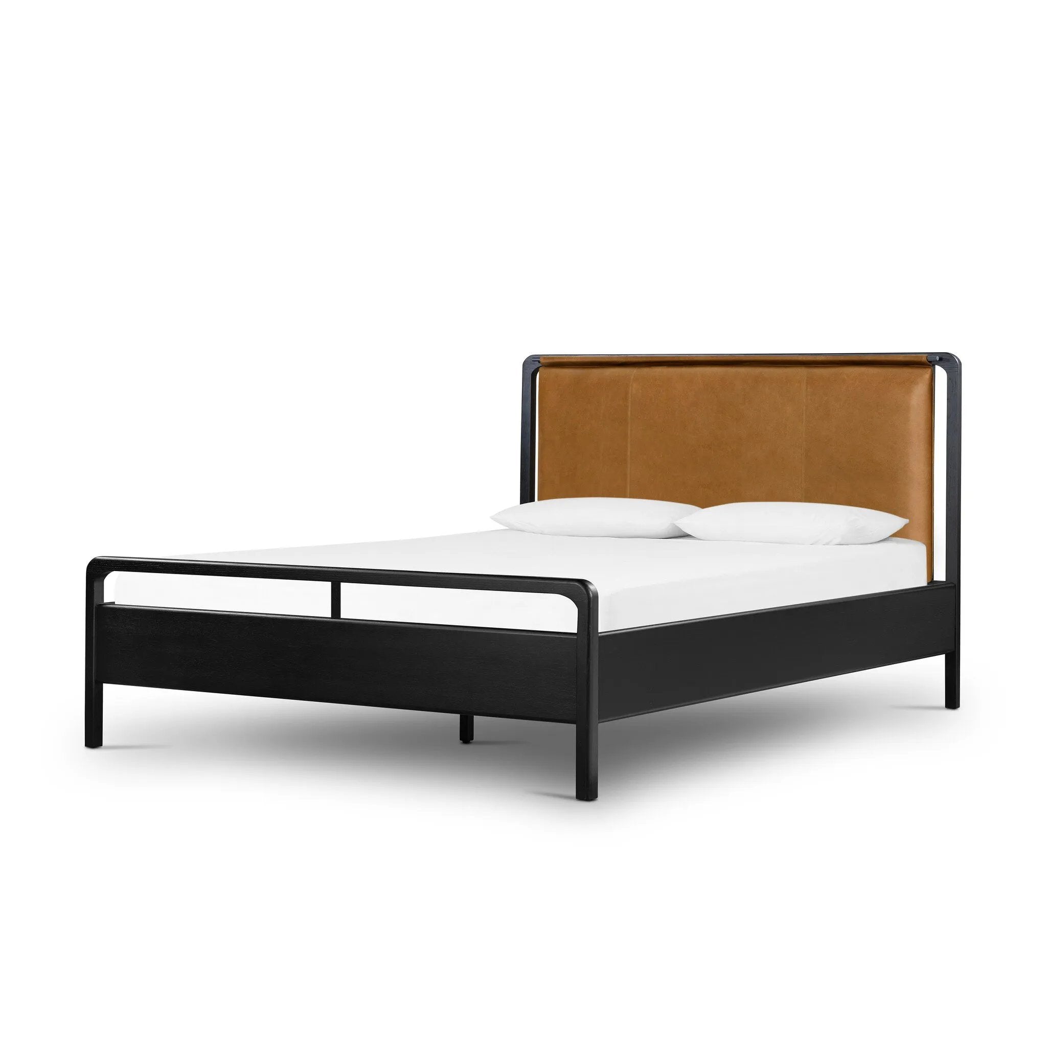 Ebony-finished oak frames a sling-style headboard made from top-grain leather, with subtly rounded edges and metal dowel detailing Amethyst Home provides interior design, new home construction design consulting, vintage area rugs, and lighting in the Omaha metro area.