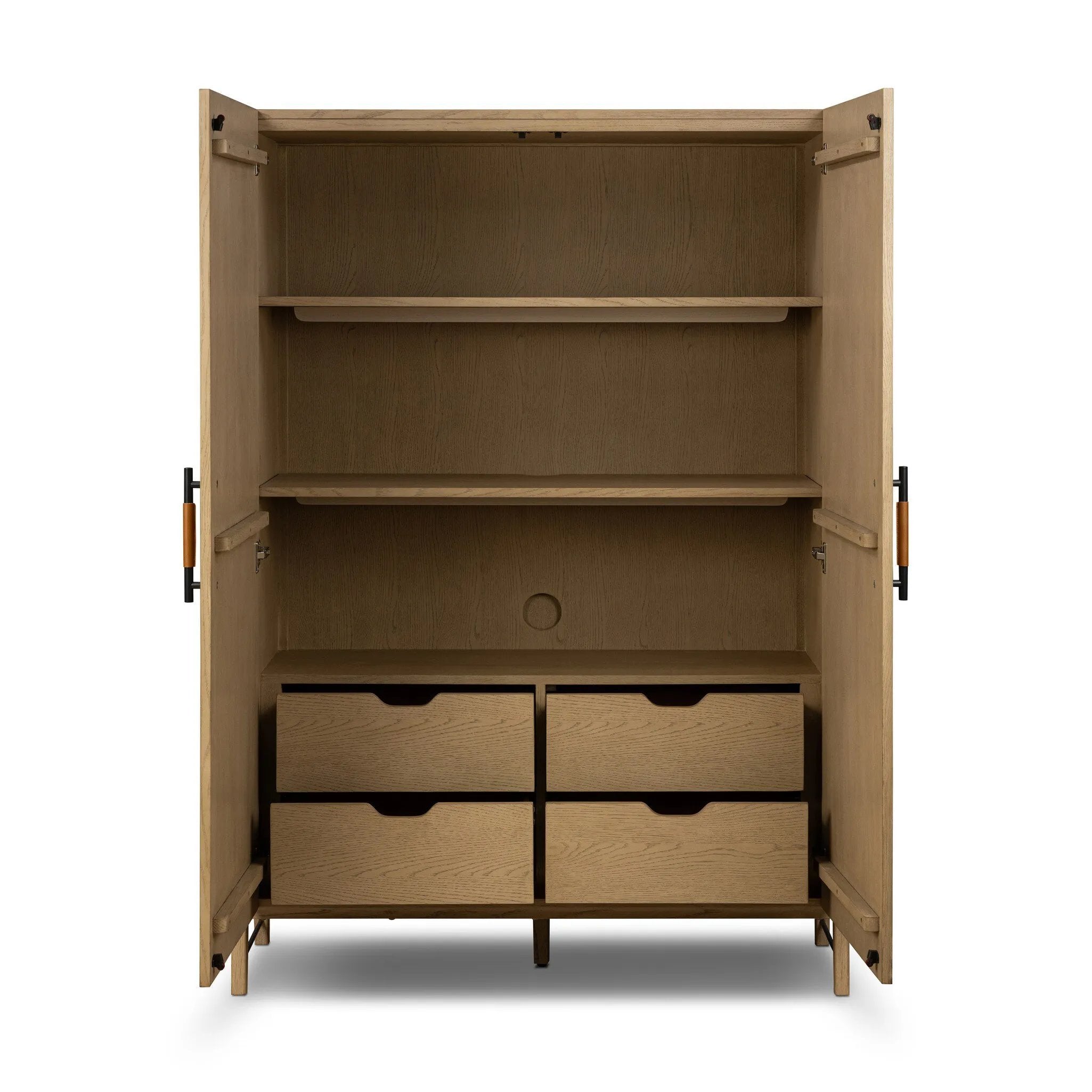 Accented with iron hardware wrapped in tan top-grain leather, light-finished oak veneer forms a clean silhouette with plenty of storage. Outset legs add an element of interest.As fans of wabi sabi materials at Amethyst, we love the optimistic inspired Rosedale Cabinet - Yucca Oak Veneer. Amethyst Home provides interior design, new home construction design consulting, vintage area rugs, and lighting in the Laguna Beach metro area.
