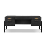 Featuring Rosedale Ebony Oak Veneer Executive Desk by Four Hands at Amethyst Home. Accented with iron hardware wrapped in tan top-grain leather, dark-finished oak crafts shapes a clean silhouette. Vary-sized drawers offer plenty of storage, while outset legs bring a design-forward touch.Overall Dimensions: 72.75"w x 30.00"d x 30.00"hWeight : 202.82 lbsMaterials. Amethyst Home provides interior design, new home construction design consulting, vintage area rugs, and lighting in the Miami metro area.