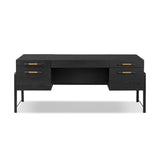 Featuring Rosedale Ebony Oak Veneer Executive Desk by Four Hands at Amethyst Home. Accented with iron hardware wrapped in tan top-grain leather, dark-finished oak crafts shapes a clean silhouette. Vary-sized drawers offer plenty of storage, while outset legs bring a design-forward touch.Overall Dimensions: 72.75"w x 30.00"d x 30.00"hWeight : 202.82 lbsMaterials. Amethyst Home provides interior design, new home construction design consulting, vintage area rugs, and lighting in the Miami metro area.