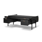 Featuring Rosedale Ebony Oak Veneer Executive Desk by Four Hands at Amethyst Home. Accented with iron hardware wrapped in tan top-grain leather, dark-finished oak crafts shapes a clean silhouette. Vary-sized drawers offer plenty of storage, while outset legs bring a design-forward touch.Overall Dimensions: 72.75"w x 30.00"d x 30.00"hWeight : 202.82 lbsMateri. Amethyst Home provides interior design, new home construction design consulting, vintage area rugs, and lighting in the Monterey metro area.