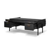 Featuring Rosedale Ebony Oak Veneer Executive Desk by Four Hands at Amethyst Home. Accented with iron hardware wrapped in tan top-grain leather, dark-finished oak crafts shapes a clean silhouette. Vary-sized drawers offer plenty of storage, while outset legs bring a design-forward touch.Overall Dimensions: 72.75"w x 30.00"d x 30.00"hWeight : 202.82 lbsMateri. Amethyst Home provides interior design, new home construction design consulting, vintage area rugs, and lighting in the Monterey metro area.