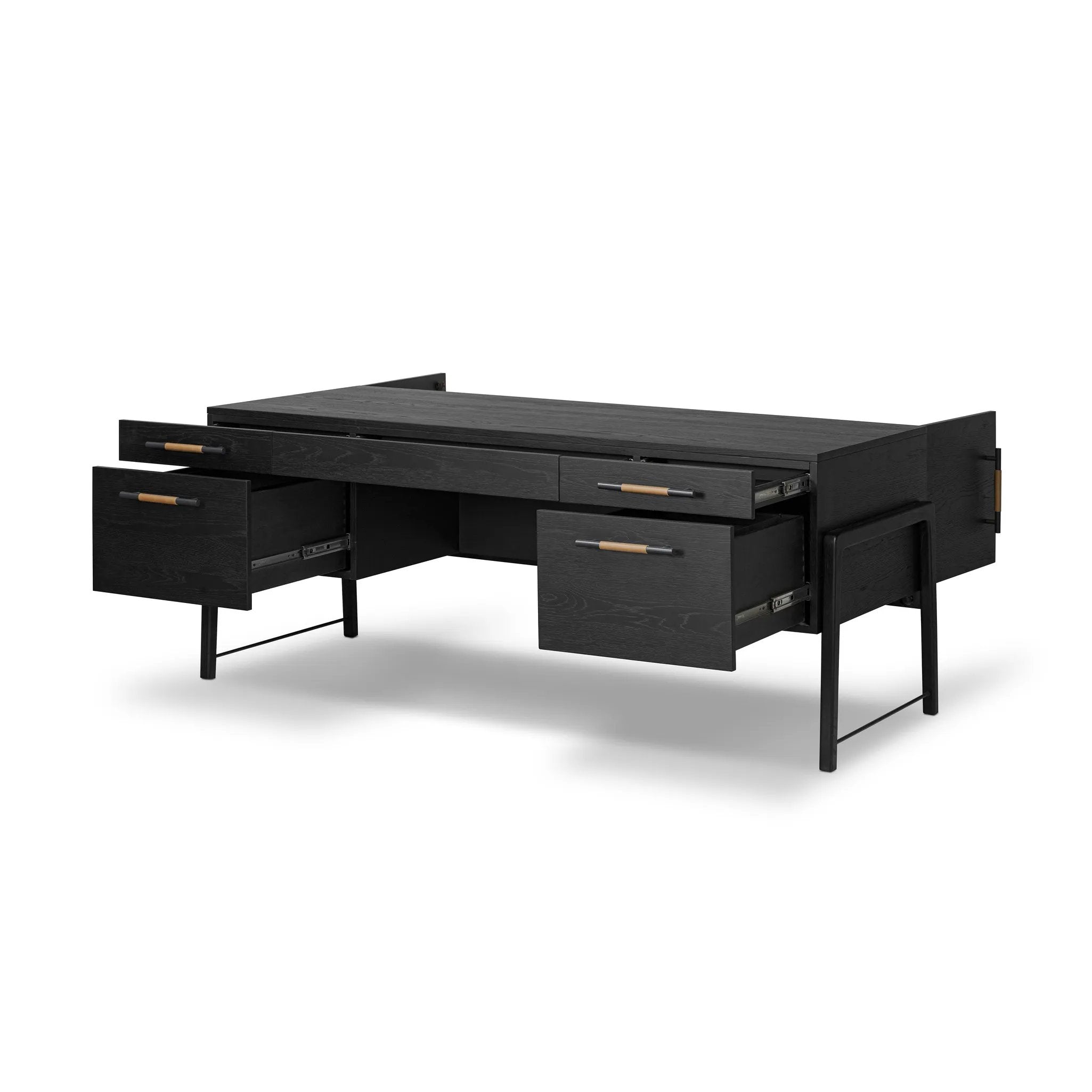 Featuring Rosedale Ebony Oak Veneer Executive Desk by Four Hands at Amethyst Home. Accented with iron hardware wrapped in tan top-grain leather, dark-finished oak crafts shapes a clean silhouette. Vary-sized drawers offer plenty of storage, while outset legs bring a design-forward touch.Overall Dimensions: 72.75"w x 30.00"d x 30.00"hWeight : 202.82 lbsMateri. Amethyst Home provides interior design, new home construction design consulting, vintage area rugs, and lighting in the Monterey metro area.