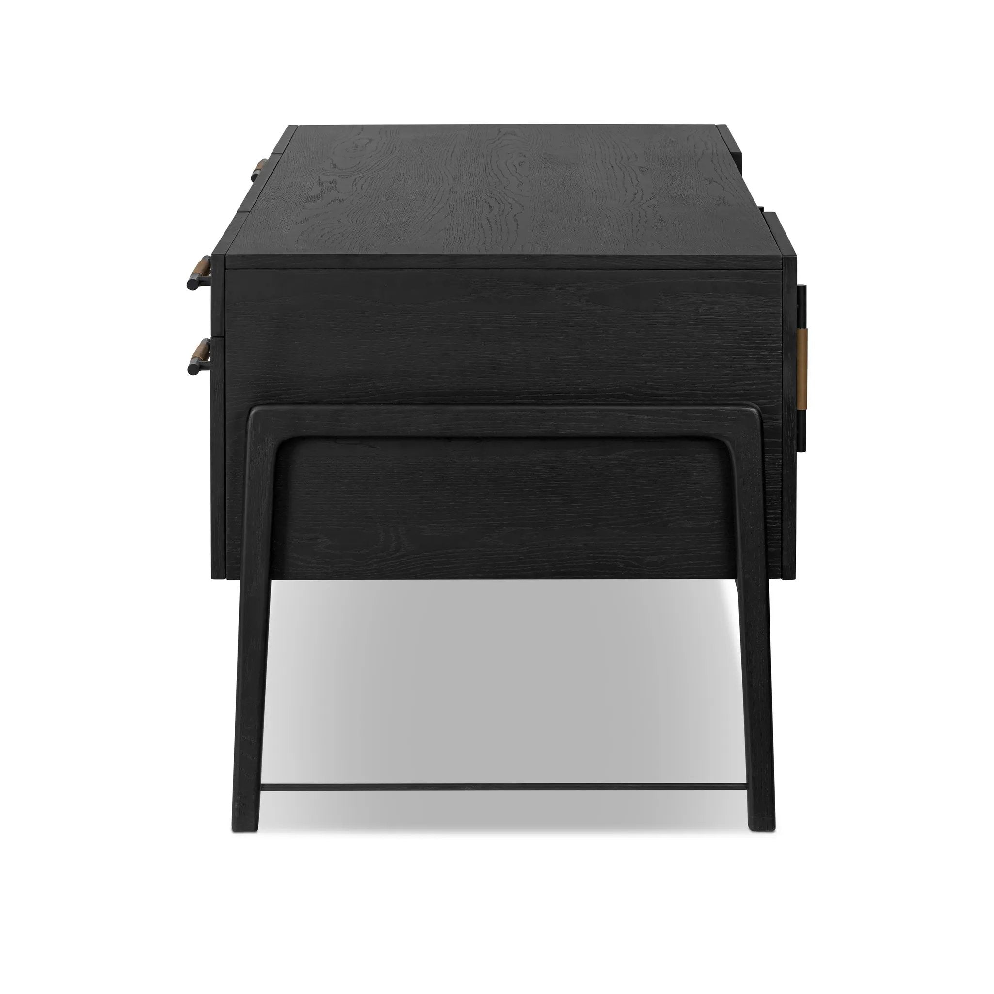 Featuring Rosedale Ebony Oak Veneer Executive Desk by Four Hands at Amethyst Home. Accented with iron hardware wrapped in tan top-grain leather, dark-finished oak crafts shapes a clean silhouette. Vary-sized drawers offer plenty of storage, while outset legs bring a design-forward touch.Overall Dimensions: 72.75"w x 30.00"d x 30.00"hWeight : 202.82 lbsMater. Amethyst Home provides interior design, new home construction design consulting, vintage area rugs, and lighting in the Nashville metro area.