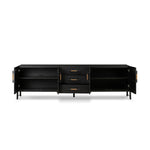 Featuring Rosedale Ebony Oak Veneer Media Console by Four Hands at Amethyst Home. This Rosedale Ebony Oak Veneer Media Console is the perfect addition to any media room or living space. Made with high-quality materials and a sleek design, this media console provides ample storage for all of your media devices. With its ebony oak veneer finish, it is both st. Amethyst Home provides interior design, new home construction design consulting, vintage area rugs, and lighting in the Nashville metro area.