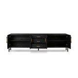 Featuring Rosedale Ebony Oak Veneer Media Console by Four Hands at Amethyst Home. This Rosedale Ebony Oak Veneer Media Console is the perfect addition to any media room or living space. Made with high-quality materials and a sleek design, this media console provides ample storage for all of your media devices. With its ebony oak veneer finish, it is both st. Amethyst Home provides interior design, new home construction design consulting, vintage area rugs, and lighting in the Nashville metro area.