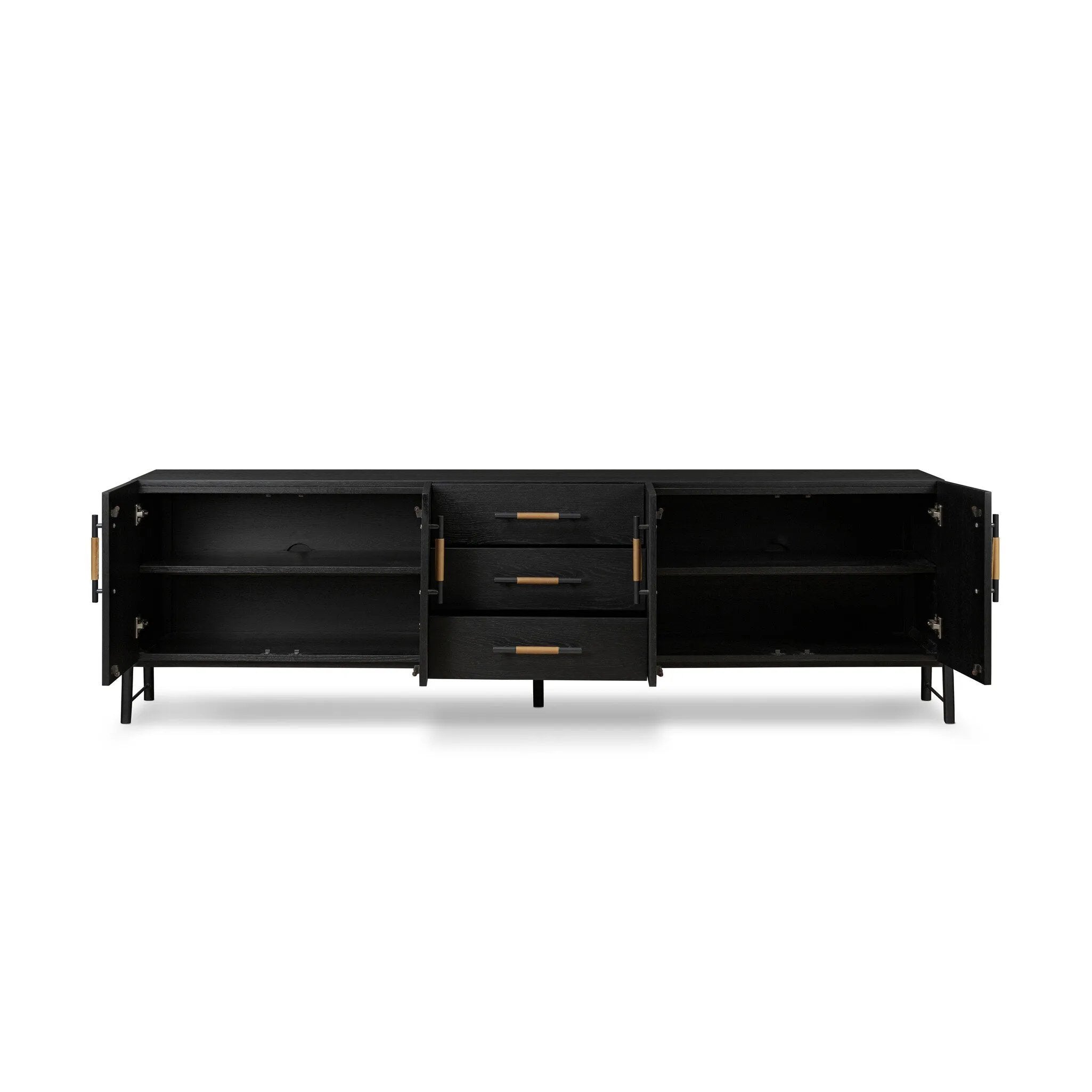 Featuring Rosedale Ebony Oak Veneer Media Console by Four Hands at Amethyst Home. This Rosedale Ebony Oak Veneer Media Console is the perfect addition to any media room or living space. Made with high-quality materials and a sleek design, this media console provides ample storage for all of your media devices. With its ebony oak veneer finish, it is both st. Amethyst Home provides interior design, new home construction design consulting, vintage area rugs, and lighting in the Nashville metro area.