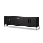 Featuring Rosedale Ebony Oak Veneer Media Console by Four Hands at Amethyst Home. This Rosedale Ebony Oak Veneer Media Console is the perfect addition to any media room or living space. Made with high-quality materials and a sleek design, this media console provides ample storage for all of your media devices. With its ebony oak veneer finish, it is both st. Amethyst Home provides interior design, new home construction design consulting, vintage area rugs, and lighting in the Park City metro area.