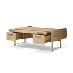 Featuring Rosedale Yucca Oak Veneer Executive Desk by Four Hands at Amethyst Home. Accented with iron hardware wrapped in tan top-grain leather, light-finished oak crafts shapes a clean silhouette. Vary-sized drawers offer plenty of storage, while outset legs bring a design-forward touch.Overall Dimensions: 72.75"w x 30.00"d x 30.00"hWeight : 202.82 lbsMat. Amethyst Home provides interior design, new home construction design consulting, vintage area rugs, and lighting in the Alpharetta metro area.
