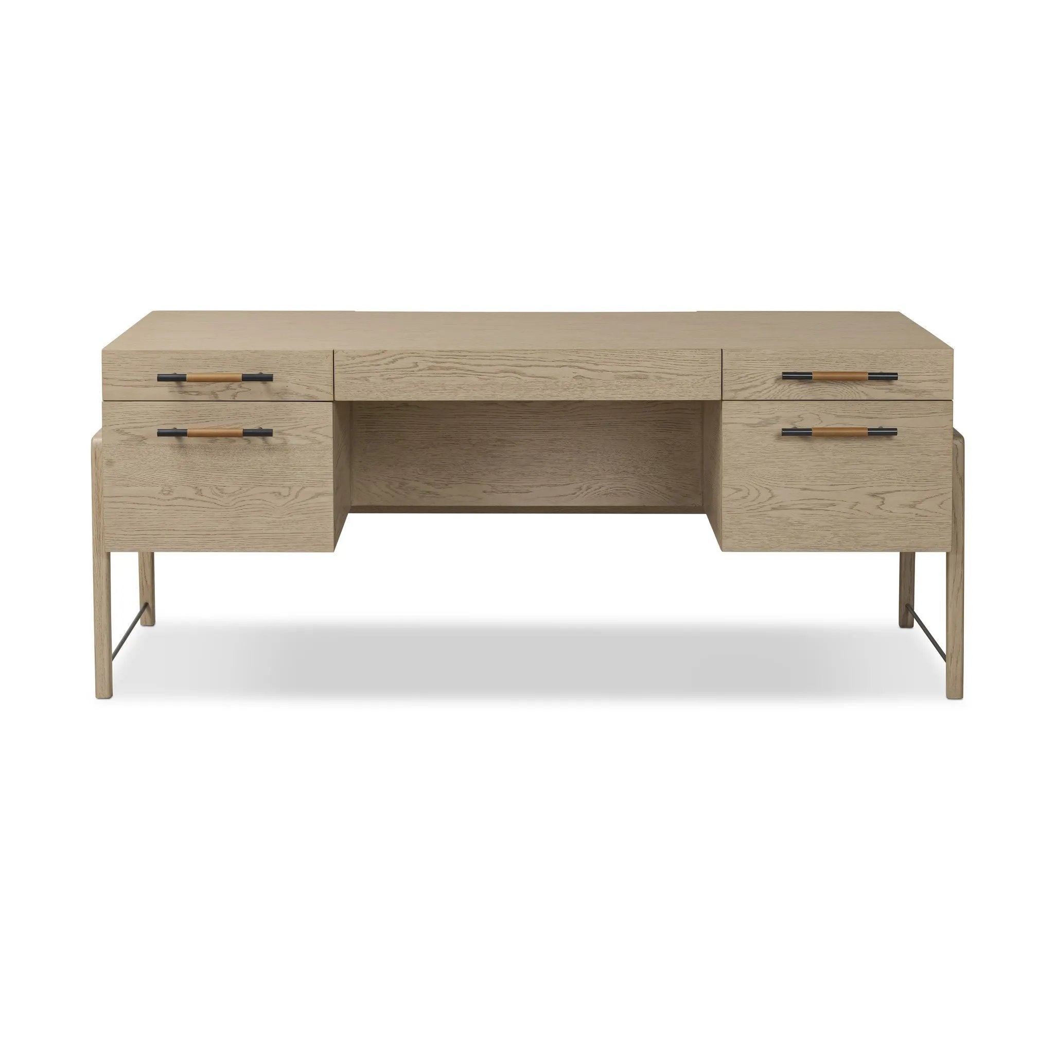 Featuring Rosedale Yucca Oak Veneer Executive Desk by Four Hands at Amethyst Home. Accented with iron hardware wrapped in tan top-grain leather, light-finished oak crafts shapes a clean silhouette. Vary-sized drawers offer plenty of storage, while outset legs bring a design-forward touch.Overall Dimensions: 72.75"w x 30.00"d x 30.00"hWeight : 202.82 lbsMateria. Amethyst Home provides interior design, new home construction design consulting, vintage area rugs, and lighting in the Dallas metro area.