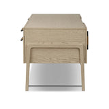 Featuring Rosedale Yucca Oak Veneer Executive Desk by Four Hands at Amethyst Home. Accented with iron hardware wrapped in tan top-grain leather, light-finished oak crafts shapes a clean silhouette. Vary-sized drawers offer plenty of storage, while outset legs bring a design-forward touch.Overall Dimensions: 72.75"w x 30.00"d x 30.00"hWeight : 202.82 lbsMa. Amethyst Home provides interior design, new home construction design consulting, vintage area rugs, and lighting in the Kansas City metro area.
