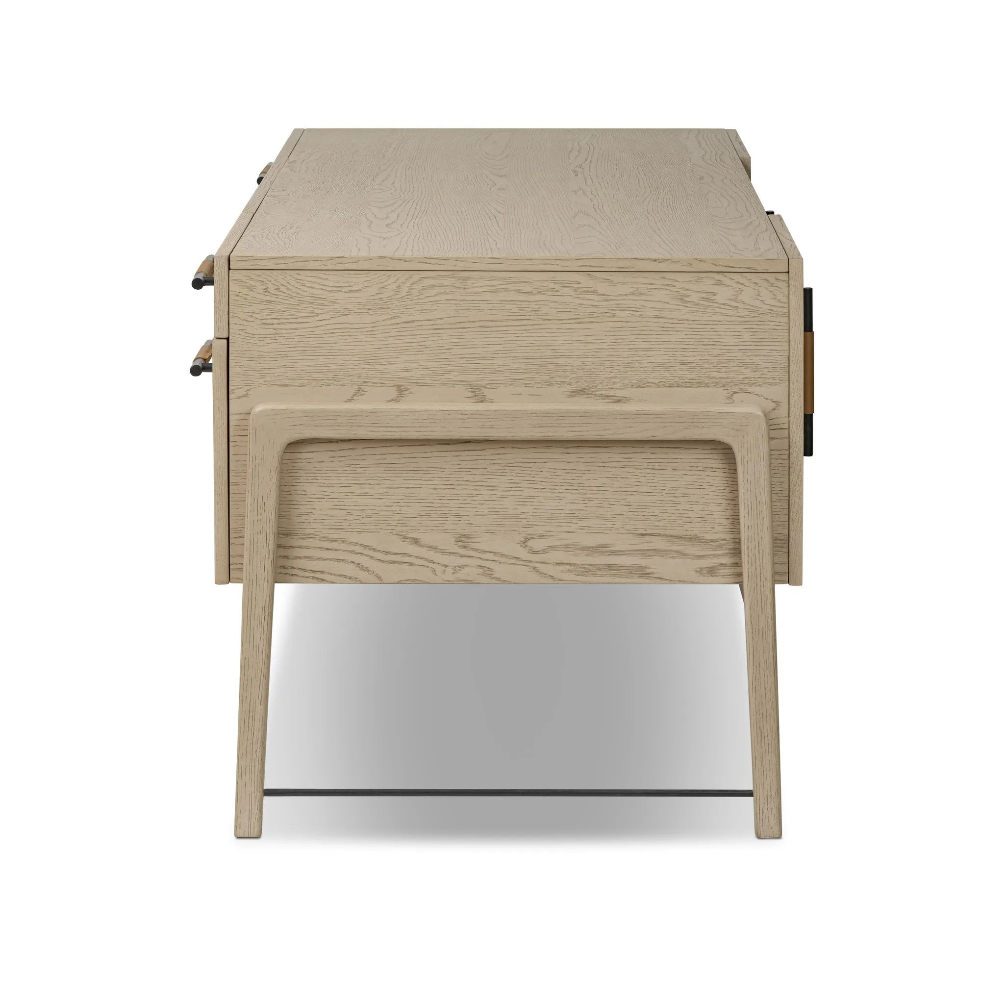 Featuring Rosedale Yucca Oak Veneer Executive Desk by Four Hands at Amethyst Home. Accented with iron hardware wrapped in tan top-grain leather, light-finished oak crafts shapes a clean silhouette. Vary-sized drawers offer plenty of storage, while outset legs bring a design-forward touch.Overall Dimensions: 72.75"w x 30.00"d x 30.00"hWeight : 202.82 lbsMa. Amethyst Home provides interior design, new home construction design consulting, vintage area rugs, and lighting in the Kansas City metro area.