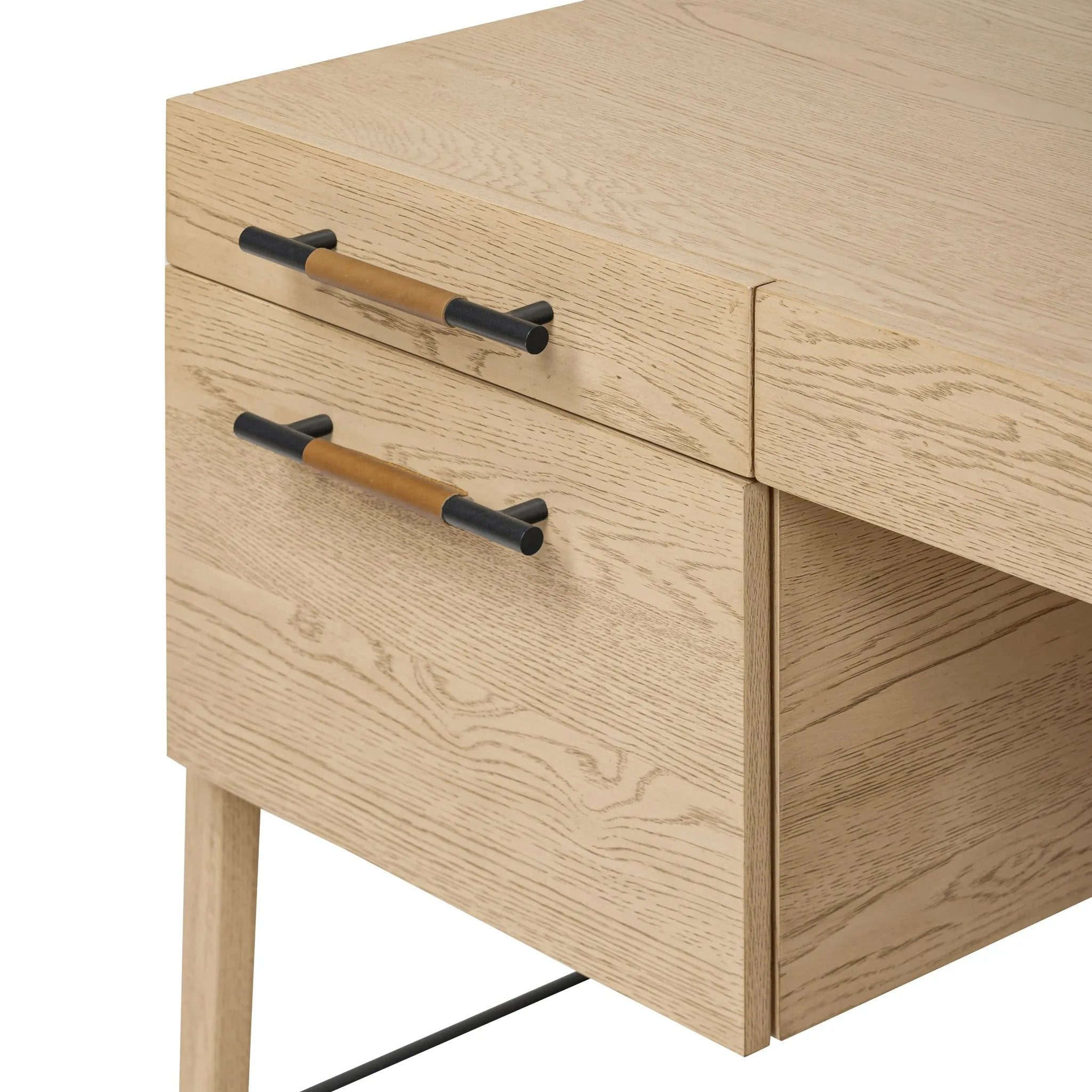 Featuring Rosedale Yucca Oak Veneer Executive Desk by Four Hands at Amethyst Home. Accented with iron hardware wrapped in tan top-grain leather, light-finished oak crafts shapes a clean silhouette. Vary-sized drawers offer plenty of storage, while outset legs bring a design-forward touch.Overall Dimensions: 72.75"w x 30.00"d x 30.00"hWeight : 202.82 lbsMater. Amethyst Home provides interior design, new home construction design consulting, vintage area rugs, and lighting in the Portland metro area.