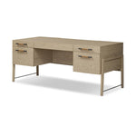 Featuring Rosedale Yucca Oak Veneer Executive Desk by Four Hands at Amethyst Home. Accented with iron hardware wrapped in tan top-grain leather, light-finished oak crafts shapes a clean silhouette. Vary-sized drawers offer plenty of storage, while outset legs bring a design-forward touch.Overall Dimensions: 72.75"w x 30.00"d x 30.00"hWeight : 202.82 lb. Amethyst Home provides interior design, new home construction design consulting, vintage area rugs, and lighting in the Salt Lake City metro area.