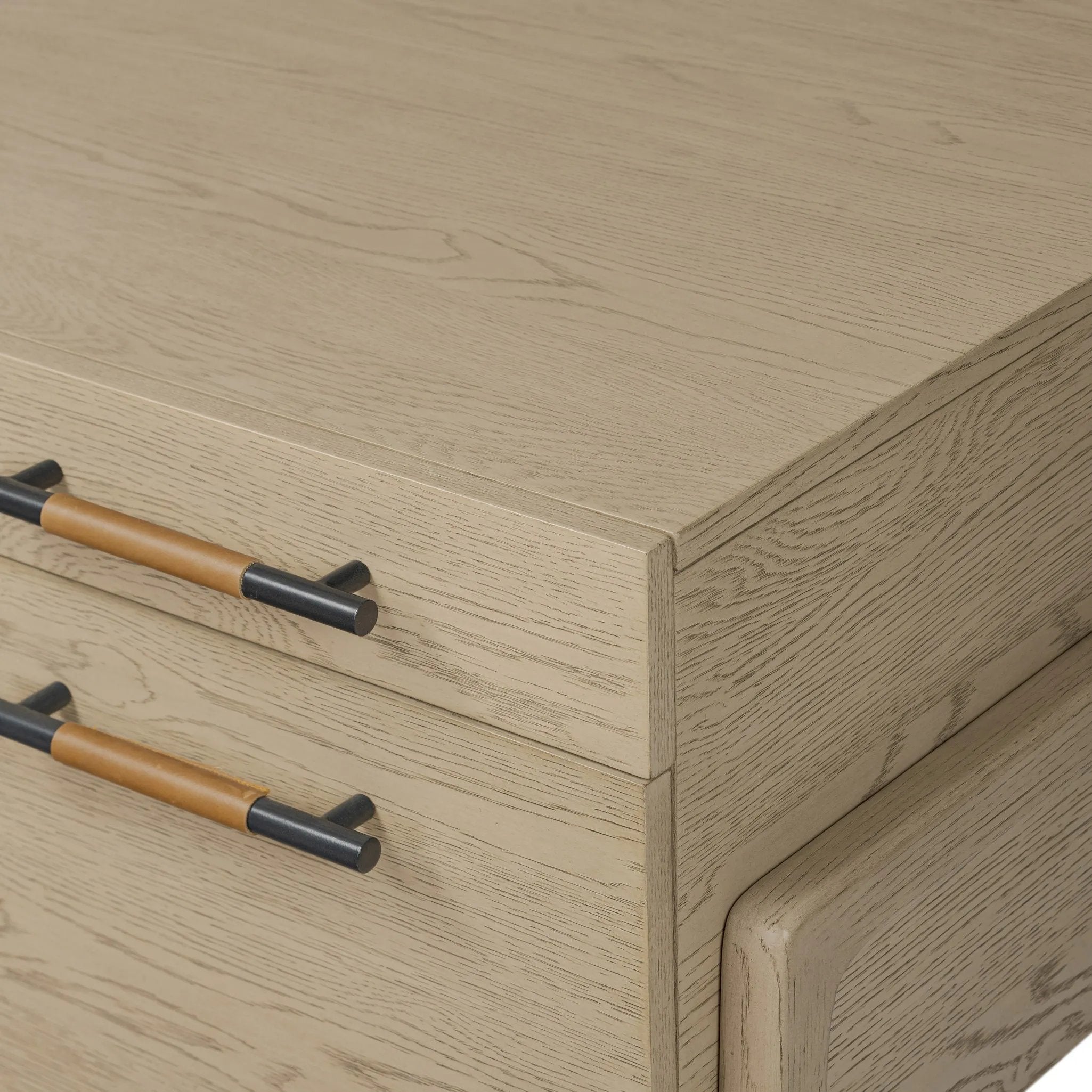 Featuring Rosedale Yucca Oak Veneer Executive Desk by Four Hands at Amethyst Home. Accented with iron hardware wrapped in tan top-grain leather, light-finished oak crafts shapes a clean silhouette. Vary-sized drawers offer plenty of storage, while outset legs bring a design-forward touch.Overall Dimensions: 72.75"w x 30.00"d x 30.00"hWeight : 202.82 lbsMaterial. Amethyst Home provides interior design, new home construction design consulting, vintage area rugs, and lighting in the Tampa metro area.