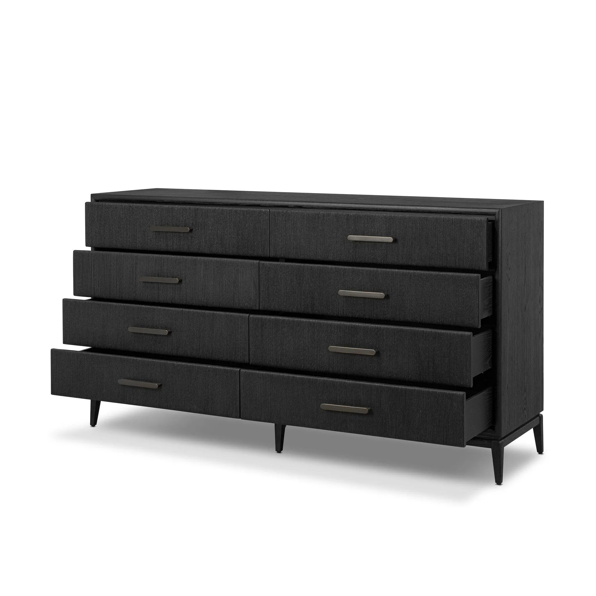 Elevate your bedroom styling with a storage-driven dresser of black-finished oak. A smooth top pairs with eight spacious drawers covered with woven paper cord. The result: a dark, Scandinavian-inspired look that will work into your collection beautifully Amethyst Home provides interior design, new home construction design consulting, vintage area rugs, and lighting in the Salt Lake City metro area.