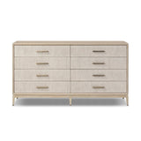 Elevate your bedroom styling with a storage-driven dresser of light, natural oak. A smooth top pairs with eight spacious drawers covered with woven paper cord. The result: a clean, Scandinavian-inspired look that will work into your collection beautifully Amethyst Home provides interior design, new home construction design consulting, vintage area rugs, and lighting in the Charlotte metro area.
