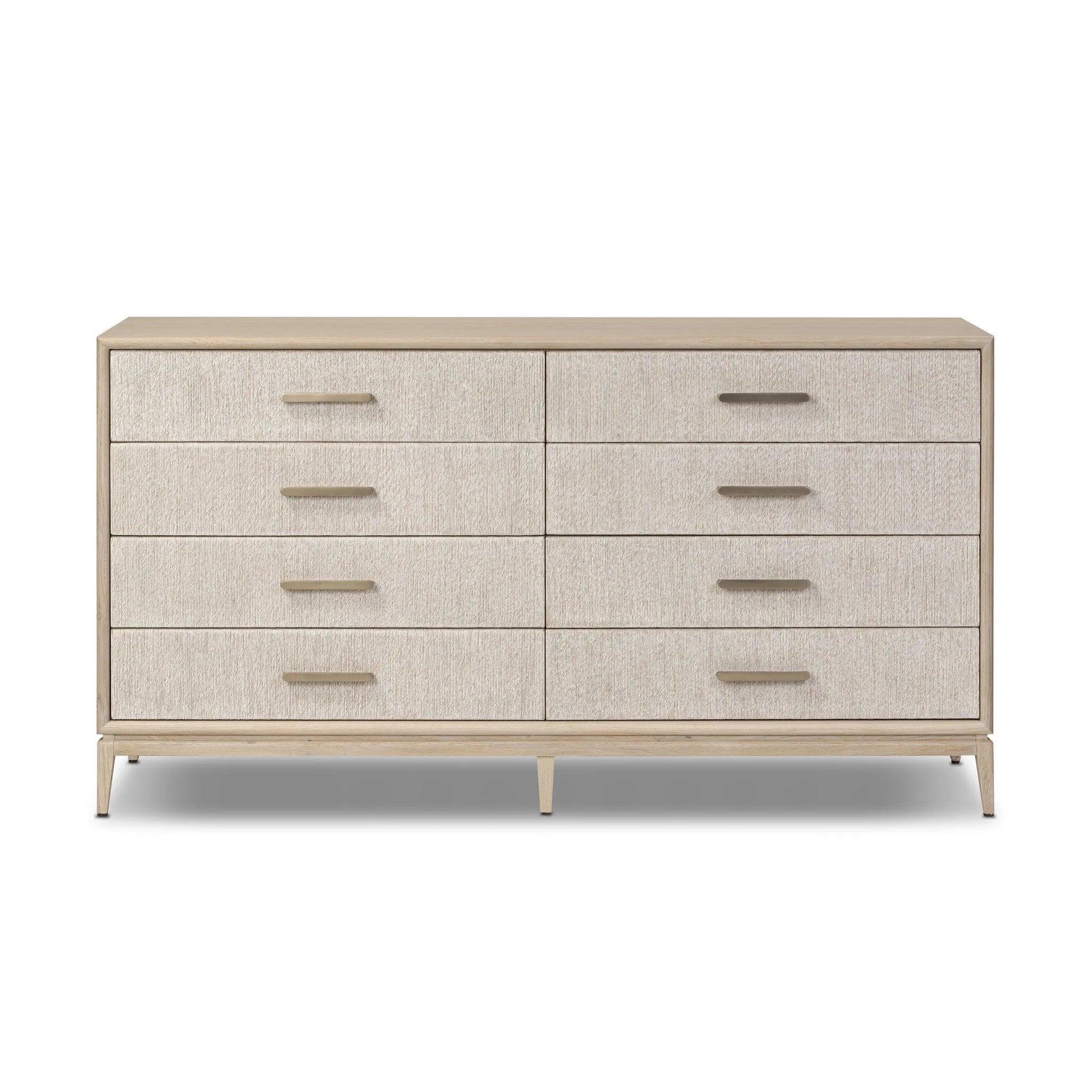 Elevate your bedroom styling with a storage-driven dresser of light, natural oak. A smooth top pairs with eight spacious drawers covered with woven paper cord. The result: a clean, Scandinavian-inspired look that will work into your collection beautifully Amethyst Home provides interior design, new home construction design consulting, vintage area rugs, and lighting in the Charlotte metro area.