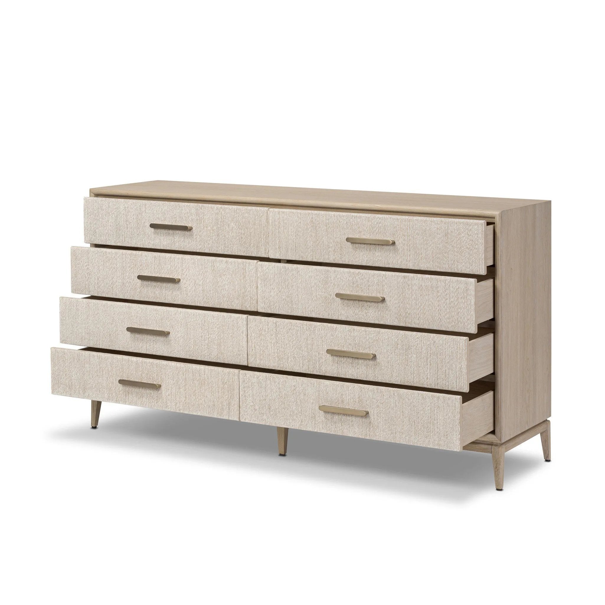 Elevate your bedroom styling with a storage-driven dresser of light, natural oak. A smooth top pairs with eight spacious drawers covered with woven paper cord. The result: a clean, Scandinavian-inspired look that will work into your collection beautifully Amethyst Home provides interior design, new home construction design consulting, vintage area rugs, and lighting in the Des Moines metro area.