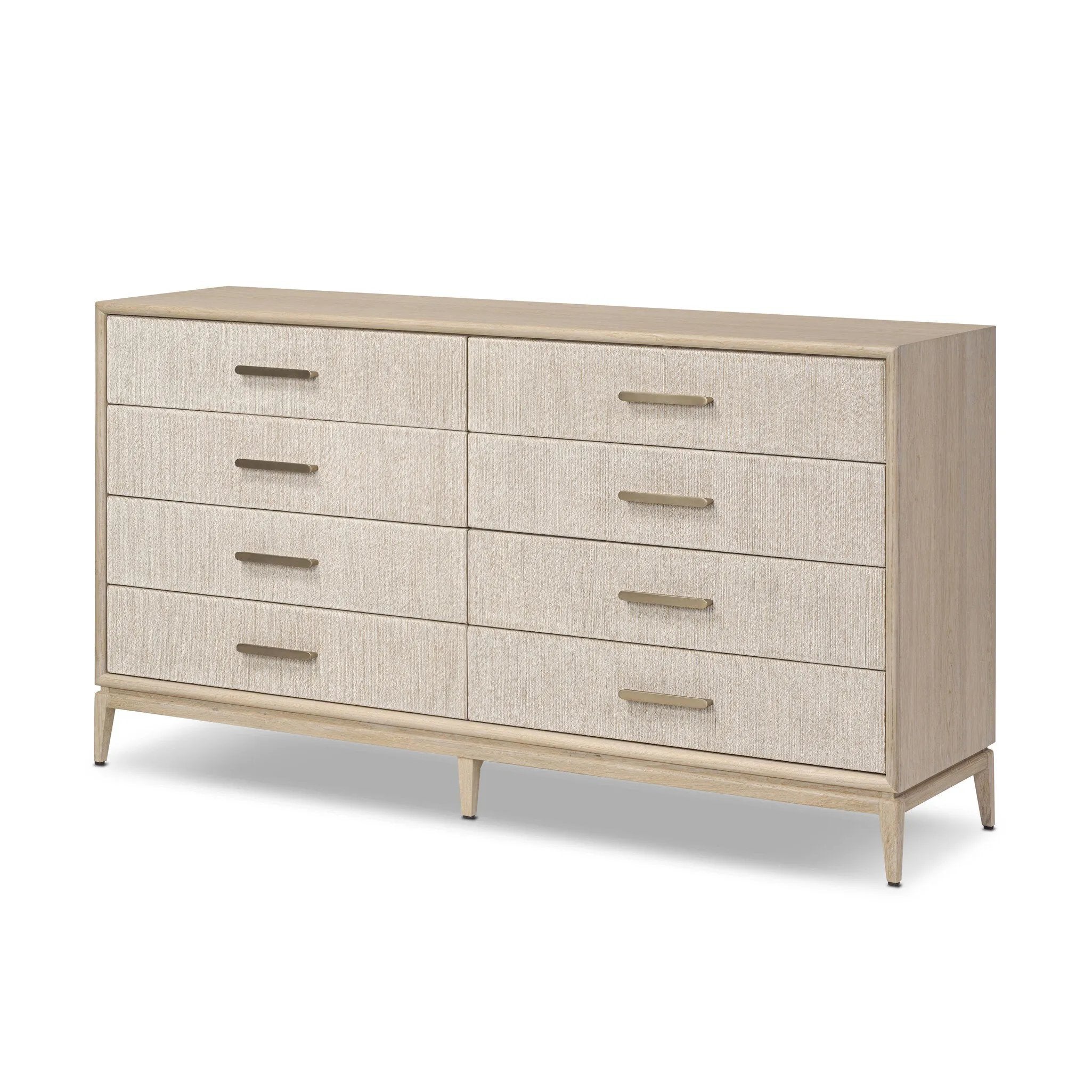 Elevate your bedroom styling with a storage-driven dresser of light, natural oak. A smooth top pairs with eight spacious drawers covered with woven paper cord. The result: a clean, Scandinavian-inspired look that will work into your collection beautifully Amethyst Home provides interior design, new home construction design consulting, vintage area rugs, and lighting in the Scottsdale metro area.