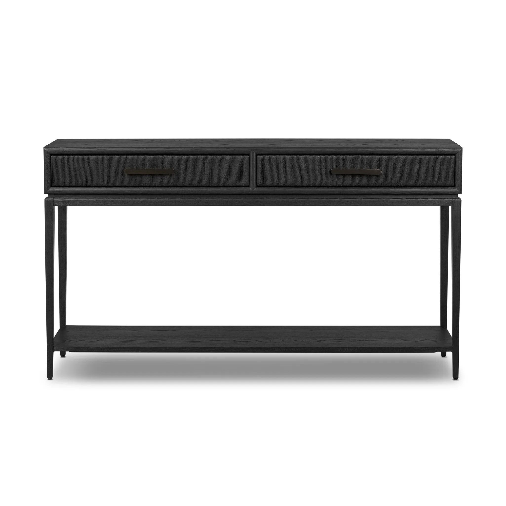 Elevate your living space or media room with a slim-profile console of black-finished oak. A smooth top pairs with two drawers covered with woven paper cord, while lower open shelving creates bonus storage and display options. The result: a dark, Scandinavian-inspired look that will work into your collection beautifully. Amethyst Home provides interior design, new home construction design consulting, vintage area rugs, and lighting in the Park City metro area.
