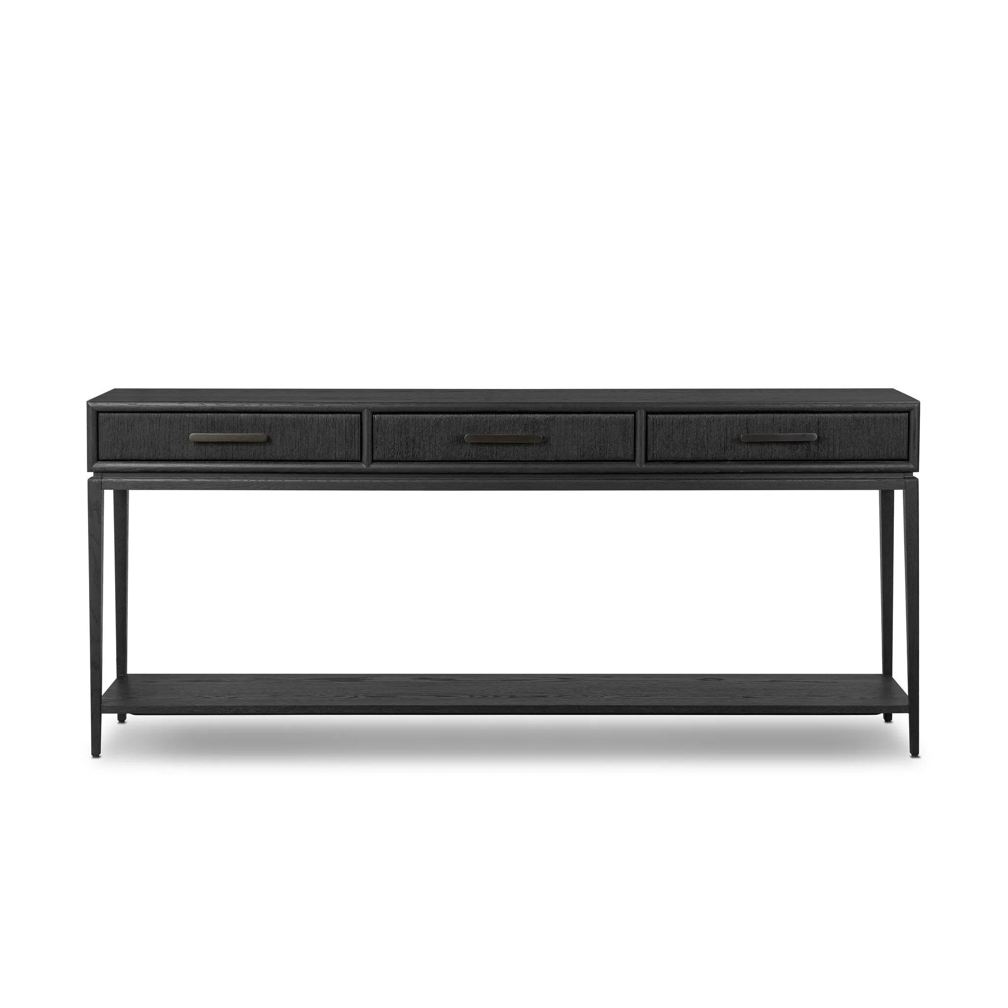 Elevate your living space or media room with a slim-profile console of black-finished oak. A smooth top pairs with three drawers covered with woven paper cord, while lower open shelving creates bonus storage and display options. The result: a dark, Scandinavian-inspired look that will work into your collection beautifully Amethyst Home provides interior design, new home construction design consulting, vintage area rugs, and lighting in the Calabasas metro area.