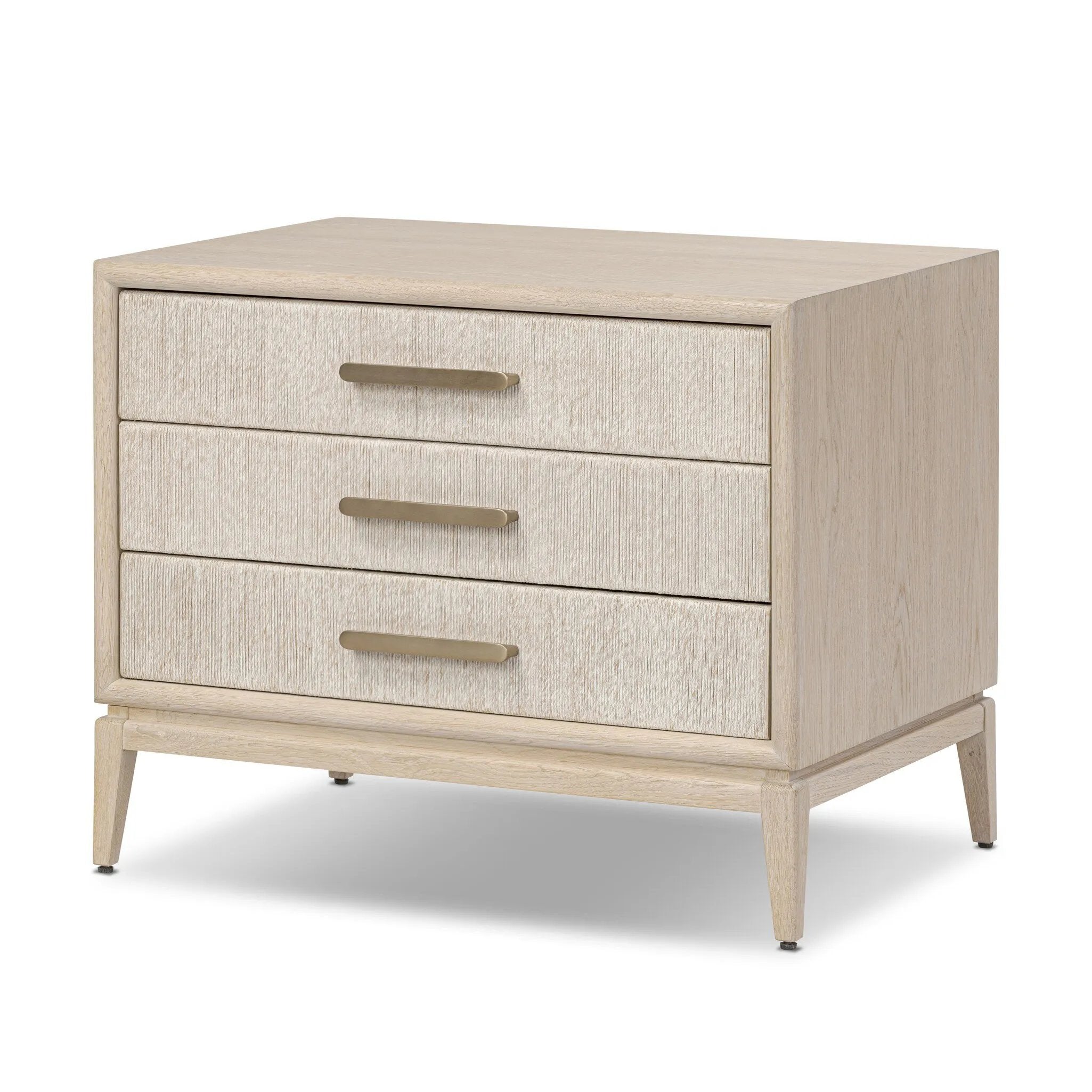 Elevate your bedside storage with a nightstand of light, natural oak. A smooth top pairs with three drawer fronts of woven paper cord for a clean, Scandinavian-inspired look that will work into your bedroom collection beautifully Amethyst Home provides interior design, new home construction design consulting, vintage area rugs, and lighting in the Des Moines metro area.