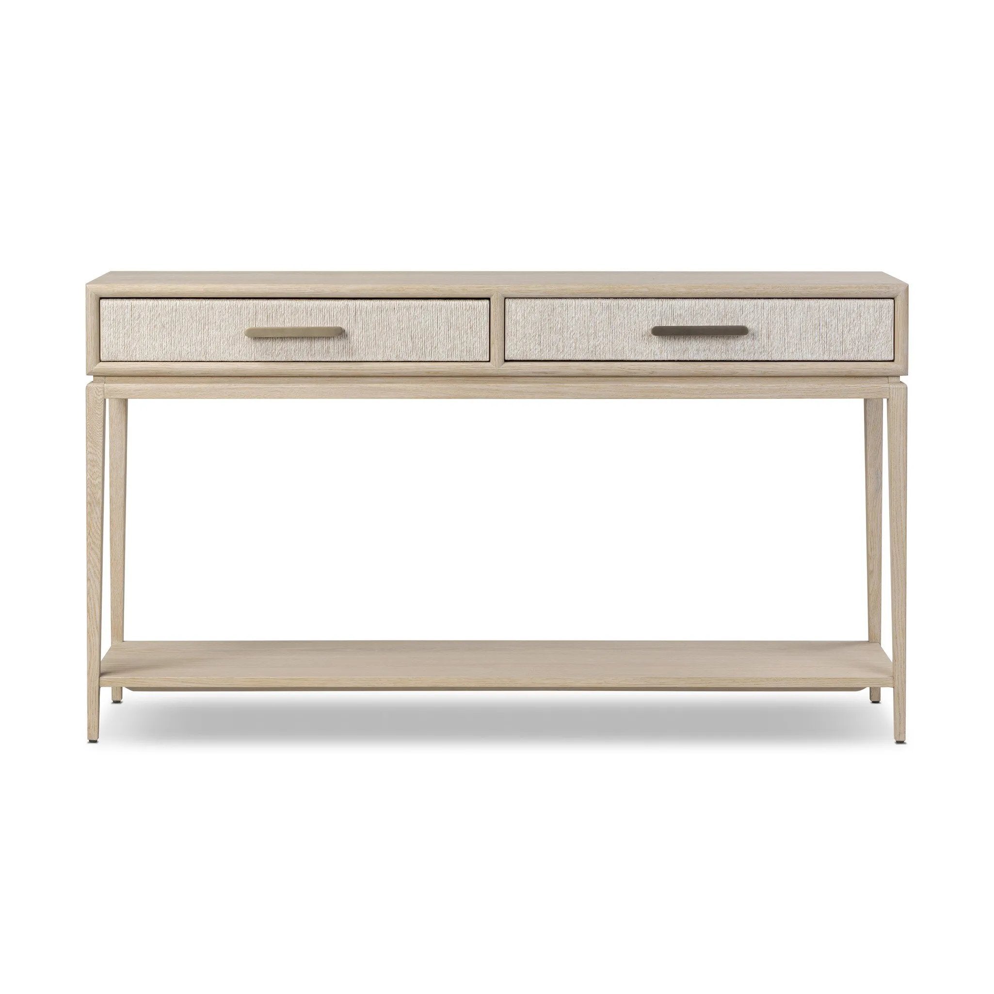Elevate your living space or media room with a slim-profile console of light, natural oak. A smooth top pairs with two drawers covered with woven paper cord, while lower open shelving creates bonus storage and display options. The result: a clean, Scandinavian-inspired look that will work into your collection beautifully. Amethyst Home provides interior design, new home construction design consulting, vintage area rugs, and lighting in the Scottsdale metro area.