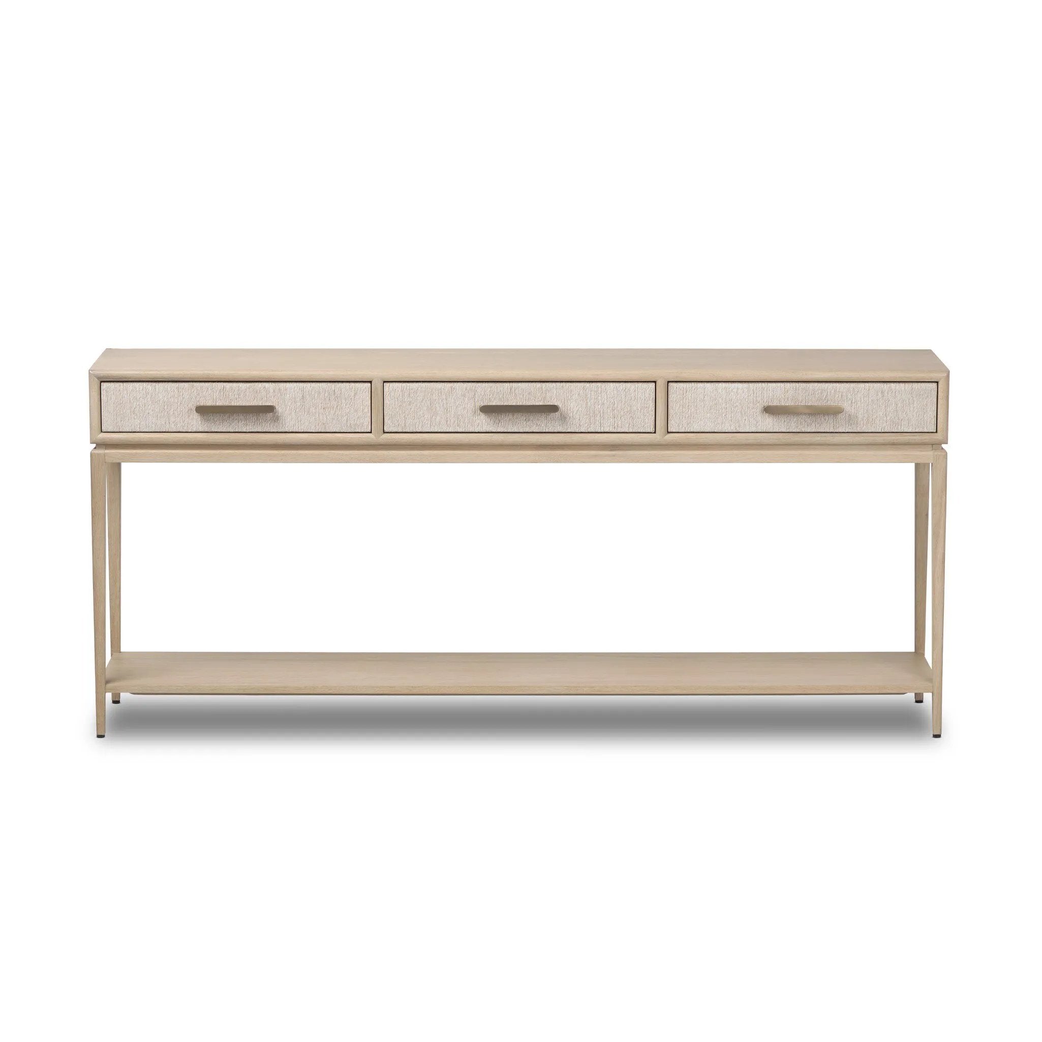 Elevate your living space or media room with a slim-profile console of light, natural oak. A smooth top pairs with three drawers covered with woven paper cord, while lower open shelving creates bonus storage and display options. The result: a clean, Scandinavian-inspired look that will work into your collection beautifully Amethyst Home provides interior design, new home construction design consulting, vintage area rugs, and lighting in the Alpharetta metro area.