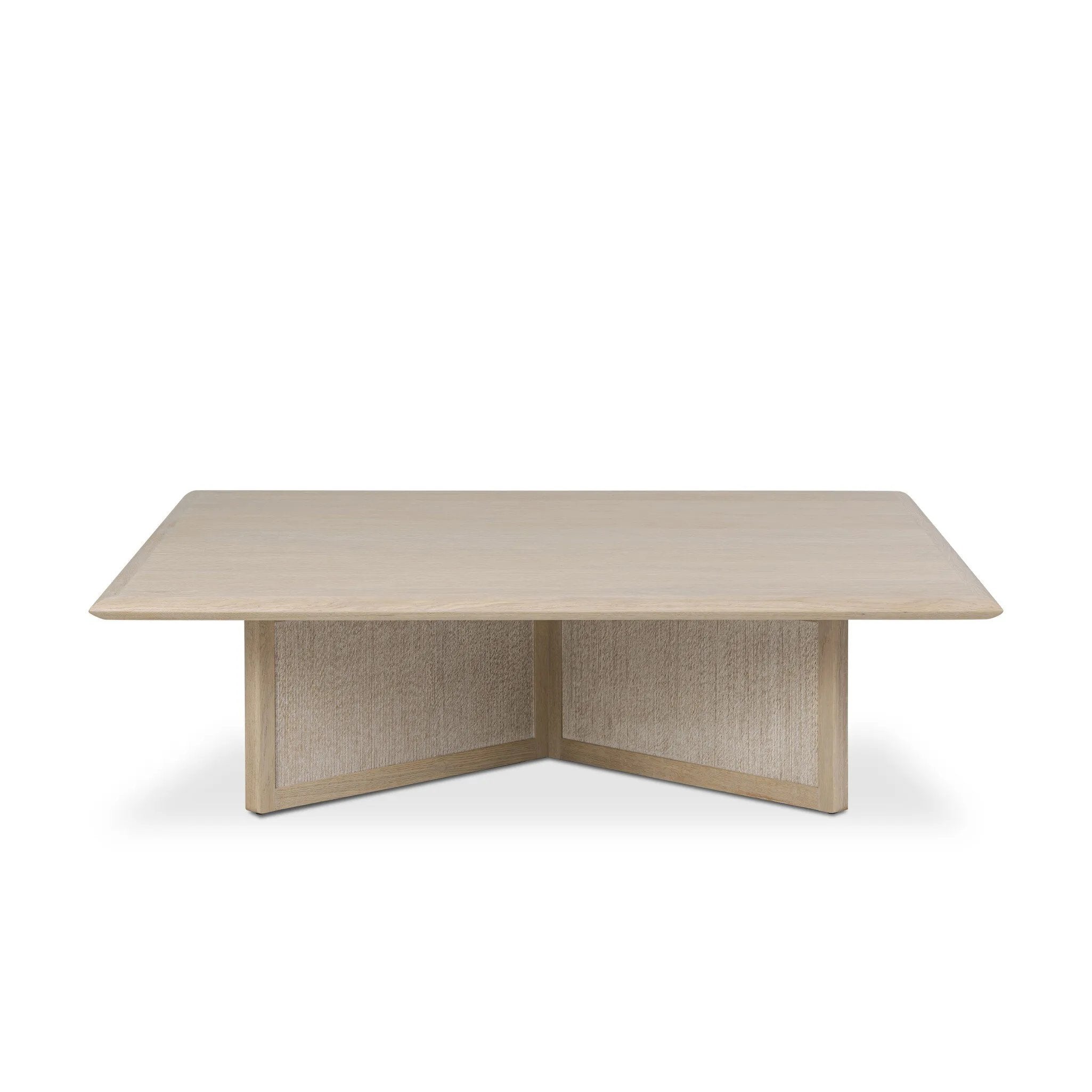 Featuring Rosenell Natural Oak Veneer Square Coffee Table by Four Hands at Amethyst Home. Anchor your living space with a squared coffee table of light, natural oak. A smooth top pairs with a panel-style base of woven paper cord for a clean, Scandinavian-inspired look that will work into your collection beautifully. Overall Dimensions: 55.00"w x 55.00"d x 15.0. Amethyst Home provides interior design, new home construction design consulting, vintage area rugs, and lighting in the Dallas metro area.