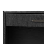 Elevate your bedside storage with a nightstand of black-finished oak. A smooth top pairs with a single drawer front of woven paper cord for a dark, rich look that will work into your bedroom collection beautifully Amethyst Home provides interior design, new home construction design consulting, vintage area rugs, and lighting in the Nashville metro area.