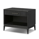 Elevate your bedside storage with a nightstand of black-finished oak. A smooth top pairs with a single drawer front of woven paper cord for a dark, rich look that will work into your bedroom collection beautifully Amethyst Home provides interior design, new home construction design consulting, vintage area rugs, and lighting in the Scottsdale metro area.