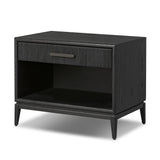 Elevate your bedside storage with a nightstand of black-finished oak. A smooth top pairs with a single drawer front of woven paper cord for a dark, rich look that will work into your bedroom collection beautifully Amethyst Home provides interior design, new home construction design consulting, vintage area rugs, and lighting in the Scottsdale metro area.