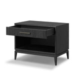 Elevate your bedside storage with a nightstand of black-finished oak. A smooth top pairs with a single drawer front of woven paper cord for a dark, rich look that will work into your bedroom collection beautifully Amethyst Home provides interior design, new home construction design consulting, vintage area rugs, and lighting in the Washington metro area.