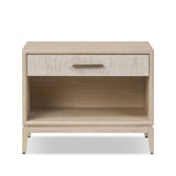 Elevate your bedside storage with a nightstand of light, natural oak. A smooth top pairs with a single drawer front of woven paper cord for a clean, Scandinavian-inspired look that will work into your bedroom collection beautifully Amethyst Home provides interior design, new home construction design consulting, vintage area rugs, and lighting in the Houston metro area.