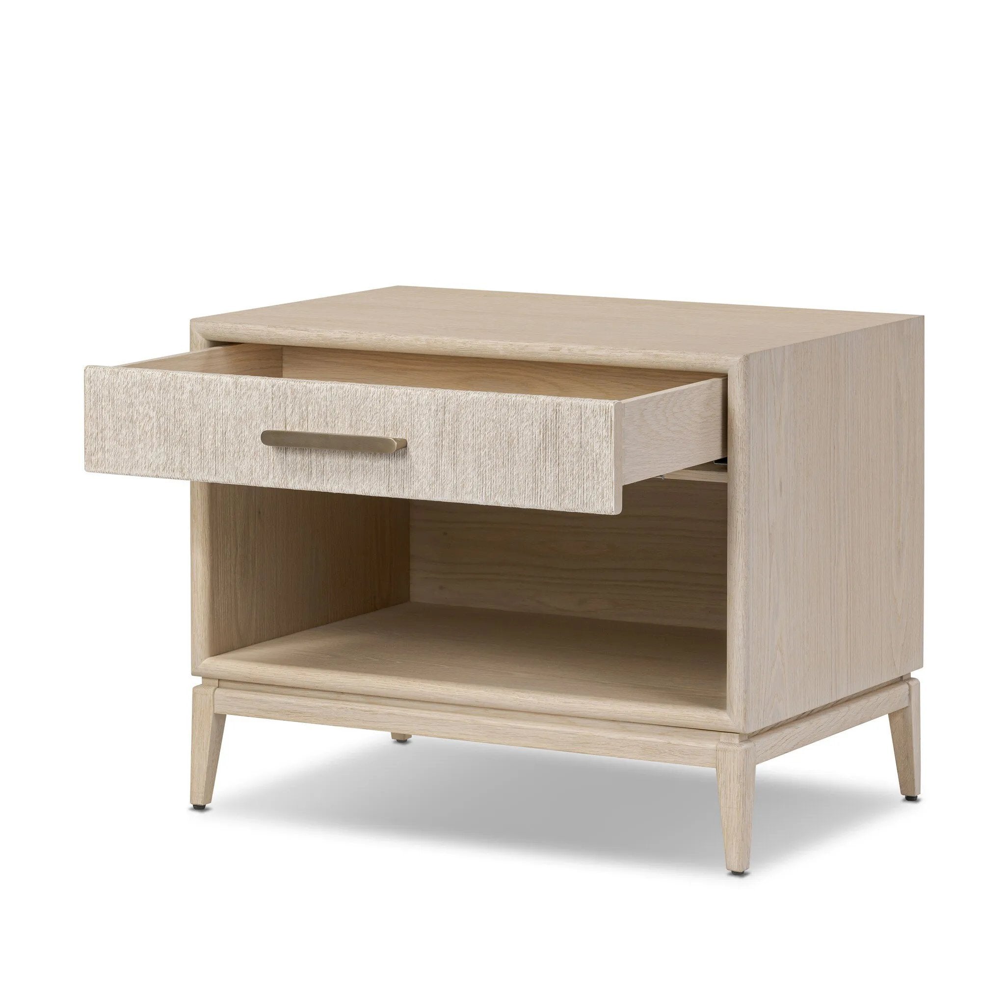 Elevate your bedside storage with a nightstand of light, natural oak. A smooth top pairs with a single drawer front of woven paper cord for a clean, Scandinavian-inspired look that will work into your bedroom collection beautifully Amethyst Home provides interior design, new home construction design consulting, vintage area rugs, and lighting in the Park City metro area.