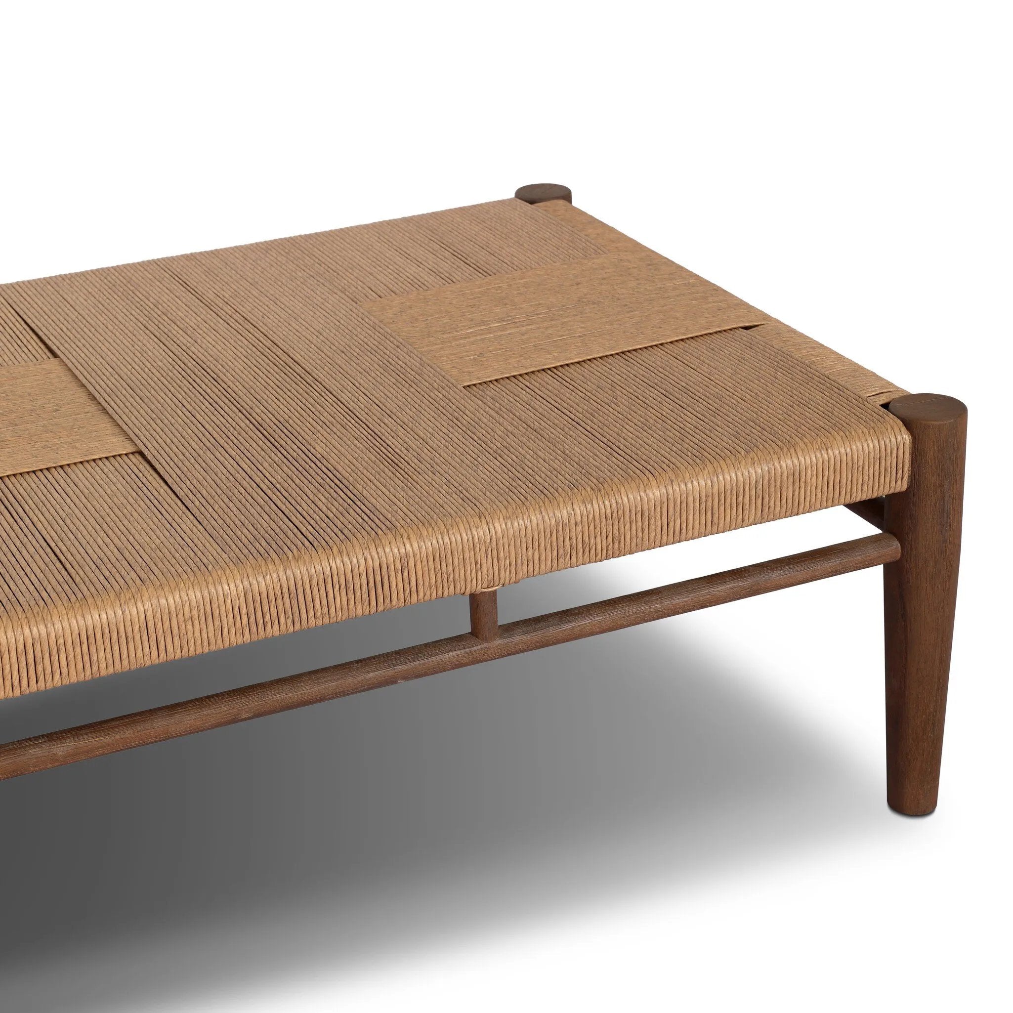 Mixed materials elevate this outdoor coffee table. Alternating weave patterns add texture and visual interest, contrasting with FSC®-certified teak framing. Cover or store indoors during inclement weather and when not in use. Amethyst Home provides interior design, new home construction design consulting, vintage area rugs, and lighting in the Dallas metro area.
