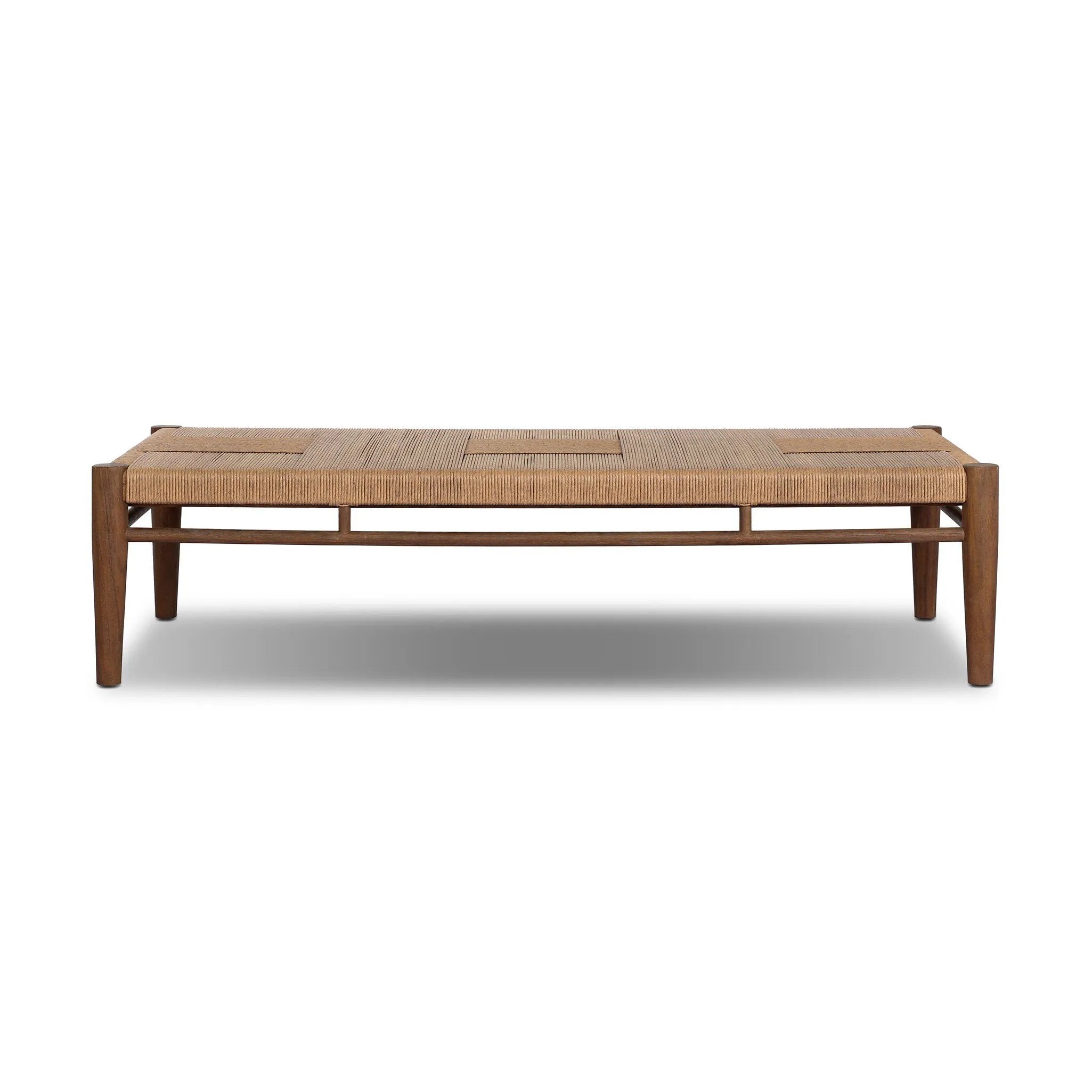 Mixed materials elevate this outdoor coffee table. Alternating weave patterns add texture and visual interest, contrasting with FSC®-certified teak framing. Cover or store indoors during inclement weather and when not in use. Amethyst Home provides interior design, new home construction design consulting, vintage area rugs, and lighting in the Newport Beach metro area.