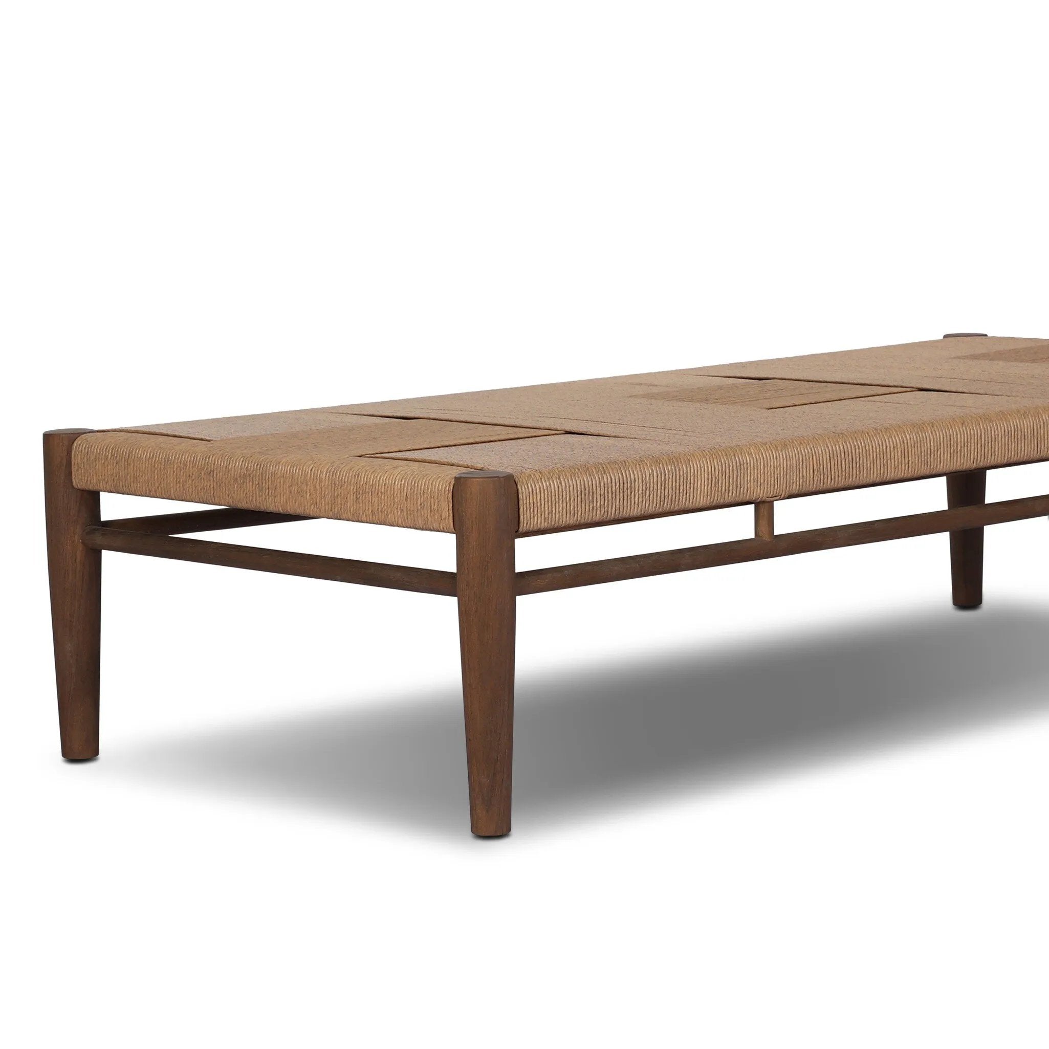 Mixed materials elevate this outdoor coffee table. Alternating weave patterns add texture and visual interest, contrasting with FSC®-certified teak framing. Cover or store indoors during inclement weather and when not in use. Amethyst Home provides interior design, new home construction design consulting, vintage area rugs, and lighting in the San Diego metro area.