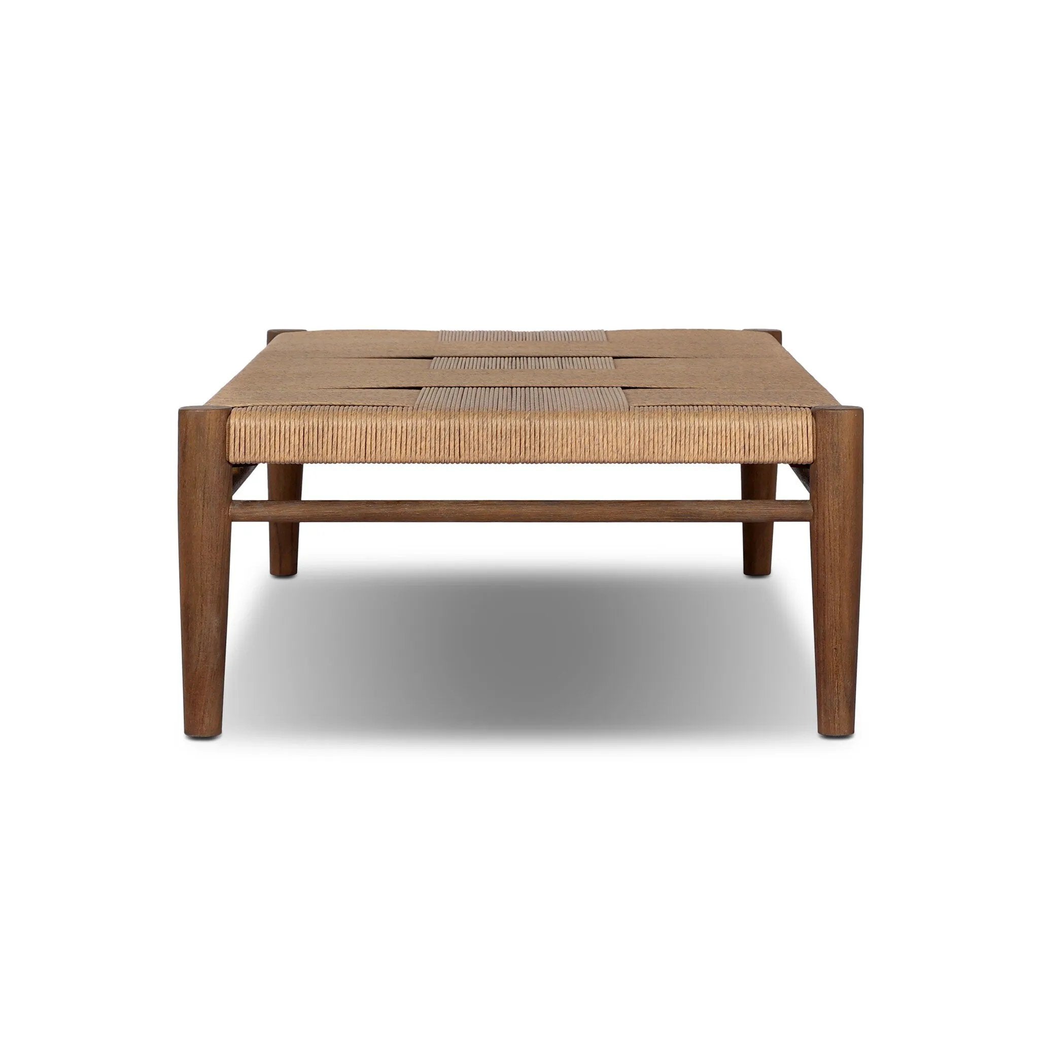 Mixed materials elevate this outdoor coffee table. Alternating weave patterns add texture and visual interest, contrasting with FSC®-certified teak framing. Cover or store indoors during inclement weather and when not in use. Amethyst Home provides interior design, new home construction design consulting, vintage area rugs, and lighting in the Tampa metro area.