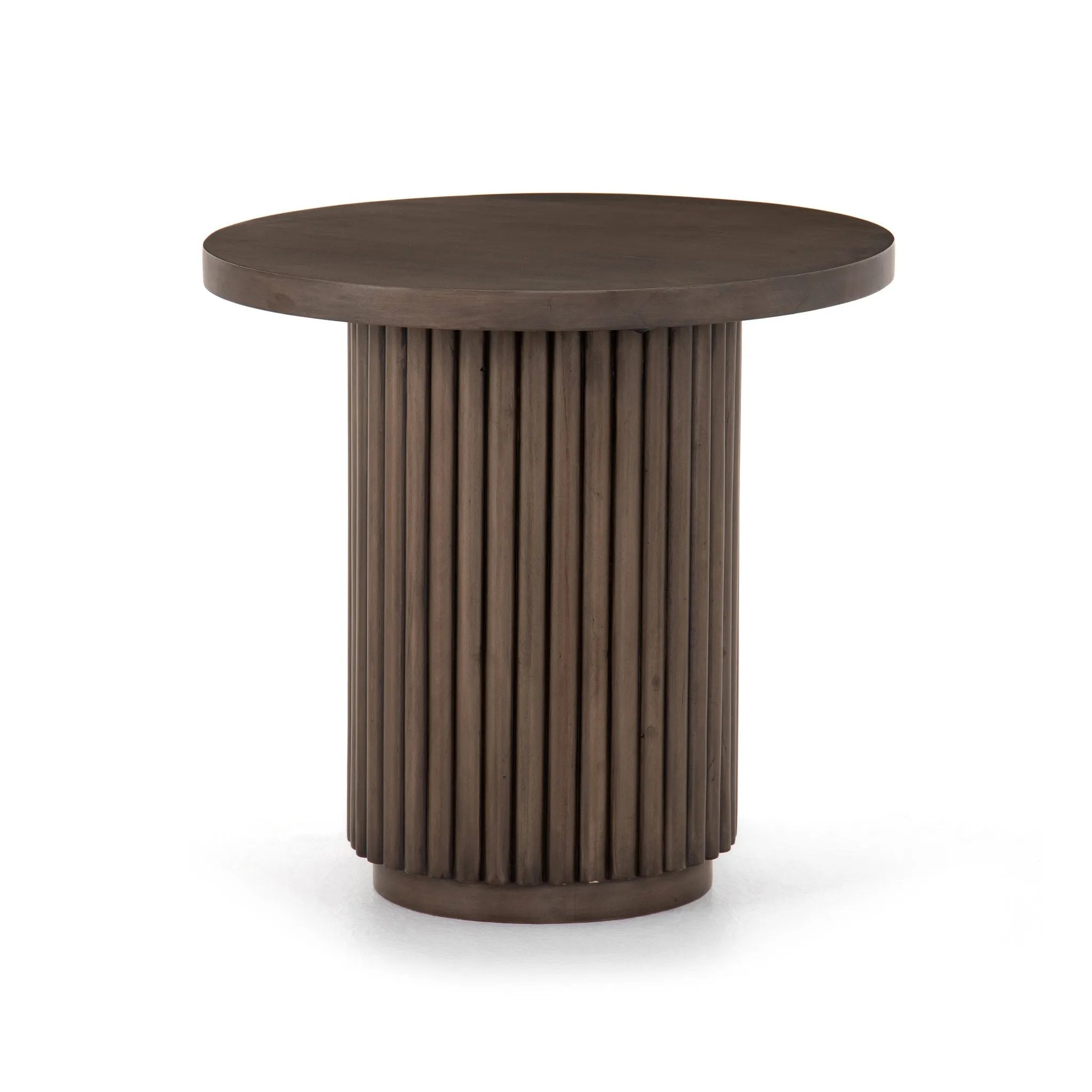 Inspired by décor in the majestic palaces of Jaipur, a conversation-starting end table is made from mixed reclaimed woods, with a rounded top and base with vertical reeding Amethyst Home provides interior design, new home construction design consulting, vintage area rugs, and lighting in the Salt Lake City metro area.