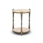 Featuring Ruthie Fossil Marble End Table by Four Hands at Amethyst Home. Work a heritage-inspired piece into your collection with a tiered end table of hammered iron in an aged brass. With inset marble shelves and turn-style legs, this table's fine details bring an elevated, artisan look to any space. Perfectly sized to keep your favorite book or drink on. Amethyst Home provides interior design, new home construction design consulting, vintage area rugs, and lighting in the Kansas City metro area.