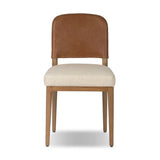 The classic material mix look you want in your dining space. Butterscotch top-grain leather with a subtle vintage look pairs with a neutral performance fabric-upholstered seat. Tapered legs and an armless silhouette look timelessly chic. Amethyst Home provides interior design, new home construction design consulting, vintage area rugs, and lighting in the Calabasas metro area.